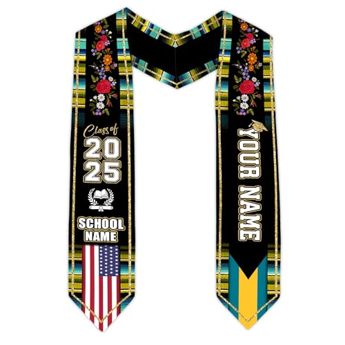 MonkeyVan Personalized Bahamas Graduation Stole, Bahamian Graduation Sash, Bahamas Flag Graduation Stole, Class of 2025 Bhm1
