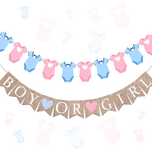 Trandraft 2 Pcs Gender Reveal Party Decorations Pre-Strung Boy or Girl Burlap Baby Shower Banner and Bodysuits Clothesline Garland Baby Outfit for Gender Reveal Birthday Baby Shower Party Decorations
