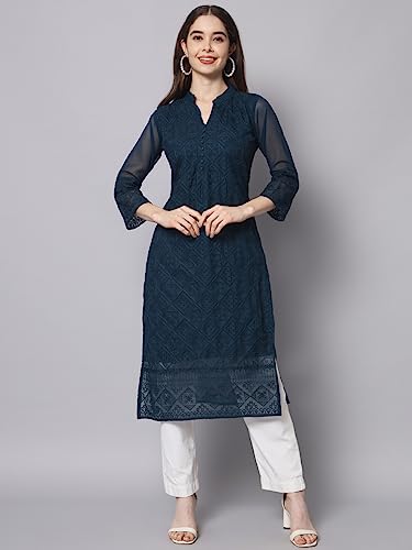 Image of Ekasya Women's Georgette Embroidered Work Kurta with Notch Neck 3 /4 Sleeves Straight Cut Calf Length | E1547