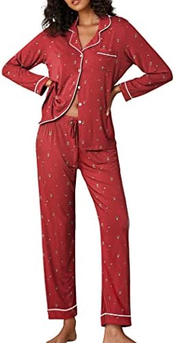 Ekouaer Sleepwear Women's Red Pajamas Lightweight Two Piece Sleep Set Christmas Pijamas Holiday Family Party (Christmas Tree,Medium)