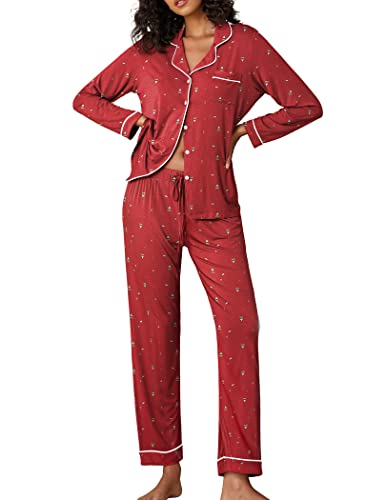 Ekouaer Sleepwear Women's Red Pajamas Lightweight Two Piece Sleep Set Christmas Pijamas Holiday Family Party (Christmas Tree,Medium) #TOP2
