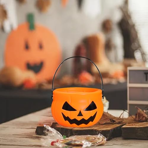 Plastic Pumpkin Bucket, 5 Pieces Firm Reusable Wide Opening Halloween Theme Candy Jars with Handle,Multiple Purposes Lightweight Large Caliber Pumpkin Bucket for Party Desktop Decoration Storage - image 5