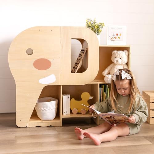 Image of OOOK Montessori Bookshelf with Elephant Shape, 2-Shelf Toddler Bookshelf, Montessori Shelf and Toy Storage Organizer for Classroom, Kindergarten, Kids Room, Playroom and Daycare.