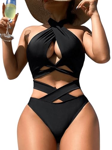 Floerns Women's 2 Piece Bathing Suit Cut Out Criss Cross Halter Bikini Set