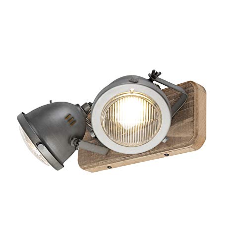 Qazqa Plafón industrial acero madera orientable 2-luces - EMADO/Acero Alargada Adecuado para LED Max. 2 x 25 Watt