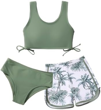 Girl&#39;s 3 Piece Bikini Bathing Suit Printed Sport Swimsuits with Shorts Cove Up Sets Teen Girl&#39;s Swimwear