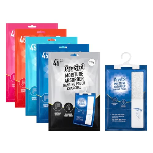Image of Amazon Brand - Presto! Moisture Absorber Hanging Bag (220g) | Scented | Ocean Breeze, Rose, Citrus, Unscented, Charcoal | Pack of 5