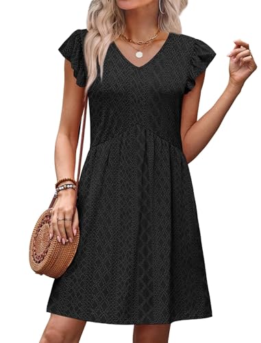 Image of OFEEFAN Summer Dresses for Women Beach Vacation Clothes V Neck Ruffle Sleeve Babydoll Dress Elegant Classy Sundress