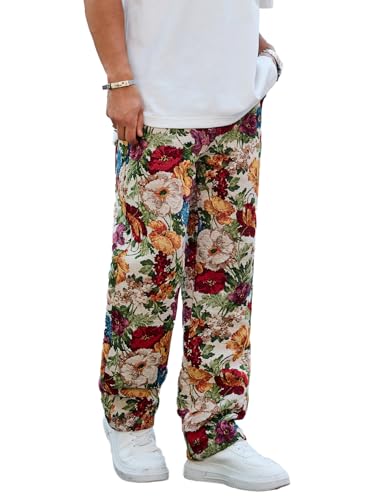 Men's Printed Floral Embroidery Drawstring Belt Straight Leg Pants Trendy Retro Fashion Streetwear Slant Pocket Trousers