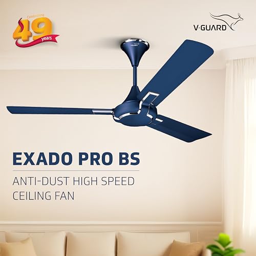 Image of V-Guard Exado Pro BS High Speed Ceiling Fan For Home | BEE 1 Star Rating | 370 RPM | Dust Repellent Technology | Easy to Clean | Riband Blue Matte |1200 mm