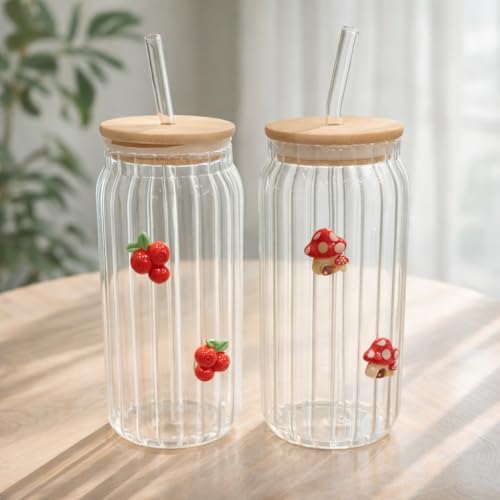 Image of Ribbed Glass Tumbler with Bamboo Lid & Straw (400ml Each) | Cute Charms Aesthetic Can-Shaped Borosilicate Glass Sipper for Juice, Iced Coffee & Cold Drinks