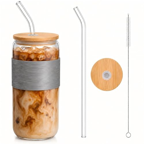 DAMCONME 20 oz Glass Cup with Lid and Straw, Large Reusable Iced Coffee Cup with Bamboo Lid, Grey Silicone Sleeve and Cleaning Brush, Glass Tumbler for Cold Brew, Smoothies, Soda and Iced Drinks