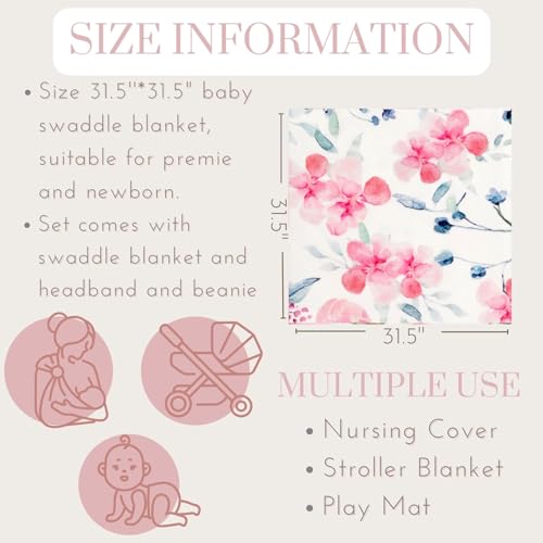 Image of Baby Girls Swaddle and Headband Beanie Set Newborn Receiving Blankets with a Name Card (Pink and Ink)