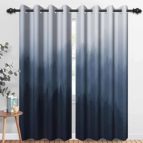 MIRRORANG Blackout Curtains for Bedroom Navy Blue Ombre Forest Window Drapes 2 Panels for Living Room Heat Blocking (46x54inch)