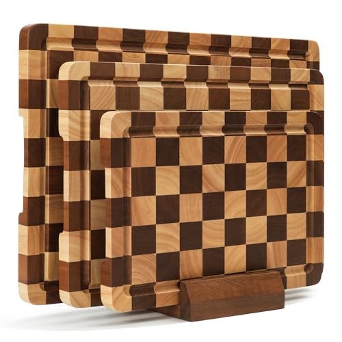 Planche à Découper en Bois Motif Damier, Lot de 3 avec Support, Planches à Découper avec Rainure d'Écoulement et Poignée, pour Viande, Légumes et Fromage