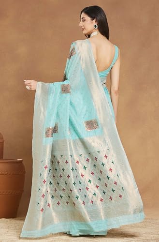 Image of Janasya Women's Sea Green Linen Blend Ethnic Motifs Woven Design Jacquard Saree with Blouse Piece