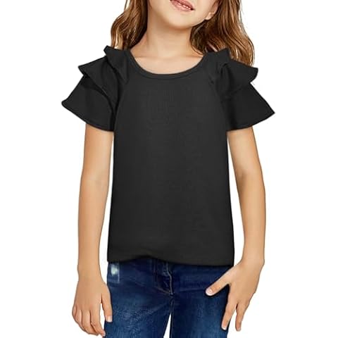 DOKOTOO KIDS Girls Summer Tops Causal Crew Neck Ruffle Sleeve Tee Shirts Solid Color Cute Shirts for Girl Black 14-15 Years Cover