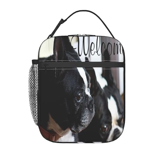 ポータブル断熱ランチバッグ。防水・漏れ防止、スタイリッシュで丈夫。仕事、学校、アウトドア活動に最適。男性にも女性にも適しています。(自然のボストンテリア犬がかわいい)