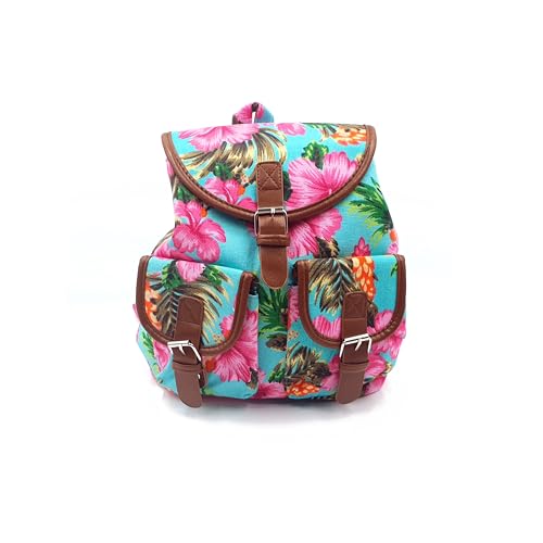 bricoRETTO Bolso Mochila de Mujer, Bandolera Juvenil, Escolar, Con Bolsillos laterales, Estampado Flores, Casual