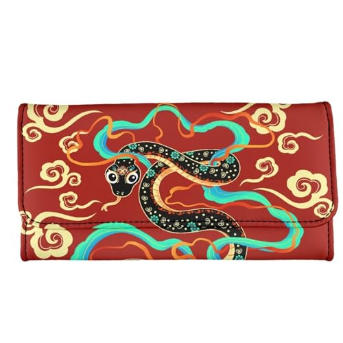 Chinese Year Of Snake Long Wallet for Women Red Faux Leather Slim Clutch Purse Wallet, Lucky Cloud Print Zipper Phone Organizer Purse2