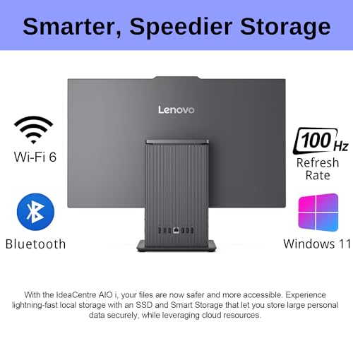 Image of Lenovo 2024 IdeaCentre 27 inch Business All-in-One, FHD 100Hz Touchscreen, AMD Ryzen 5 7535HS, 16GB DDR5 RAM, 1TB SSD, Wireless KB & Mouse, Wireless Charging Base, RJ-45, Wi-Fi 6, Webcam, W11P, Grey