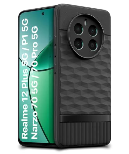 Image of WOW IMAGINE Back Cover for Realme Narzo 70 | Narzo 70 Pro | Realme 12 Plus | P1 5G with Hexa Cube Design | Ultra Slim Soft Case | Inner Velvet Fabric | Matte Silicone Flexible Mobile Case - Black