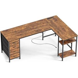 Huuger 63 Inch L Shaped Desk with Fabric Drawers, Computer Office Desk with Power Outlets and USB-C Port, Corner Desk with Storage Shelves, for Gaming Work Study Home Office, Reversible, Rustic Brown