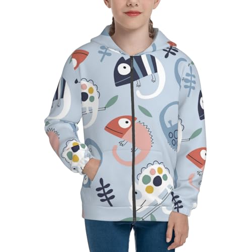 Cute Chameleons On Blue Kids Pullover Hoodies Boys Zip Up Sweatshirts Girls Athletic Clothes with Pocket3
