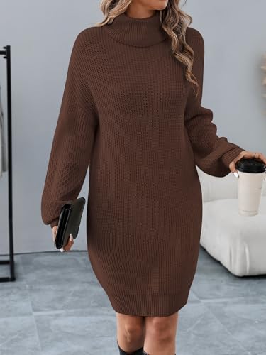 Image of Women's Turtleneck Textured Lantern Sleeve Ribbed Knit Mini Dress Pullover Oversized Sweater Dresses S-XL