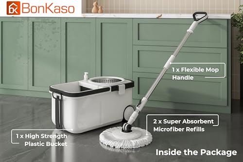 Image of BonKaso Rider Spin Mop 360 with Stainless Steel Wringer, Big Wheels & Adjustable Handle, Floor Cleaning Mop Bucket Set with 2 Microfiber Refills - Grey & Black