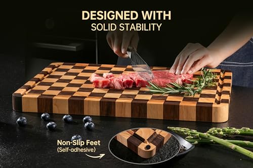 Image of THETCHRY Cutting Boards for Kitchen, Checkered Cutting Board Thickened, Walnut & Rubber Wood Chopping Board with Juice Groove & Handle, Double-sided Butcher Block with Gift Box, 16.5 inch x 11.6 inch x 1.2 inch