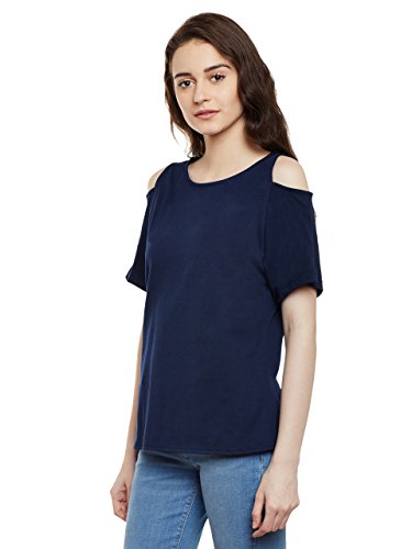 Image of Miss Chase Women's Black Cold Shoulder Round Neck Short Sleeved Solid Top