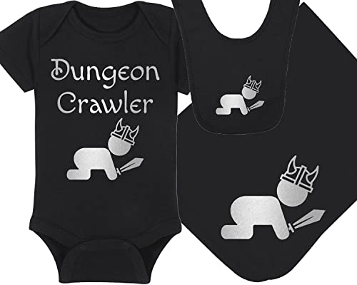 Gaming Baby Onesie and Blanket - Dungeon Crawler with Baby - Baby Crawling (6-12 Month - Black Fabric - Silver Design)