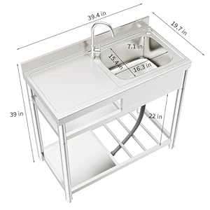 ROOMTEC 304 Stainless Steel Single Bowl Utility Sink Set, Commercial Restaurant Kitchen Sink, Outdoor Sink with Workbench & Storage Shelve with Hot and Cold Water Pipes (39 in(Right bowl)) ROOMTEC 304 Stainless Steel Single Bowl Utility Sink Set Commercial Restaurant Kitchen Sink Outdoor Sink with Workbench Storage Shelve with Hot and Cold Water Pipes 39 inRight bowl