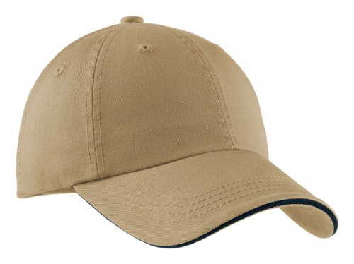 Port Authority Signature Sandwich Bill Cap With Striped Closure, Khaki And Charcoal Blue #TOP14