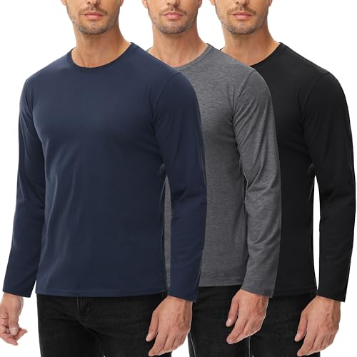 Langarmshirt Für Herren 100% Baumwolle 3 Pack T Shirt Rundhalsausschnitt...