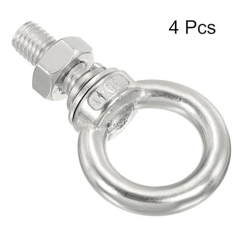 Image of uxcell M4x30 3 /16 inchx1.18 inch Stainless Steel Eye Bolts Threaded Screw Eyebolt Shoulder Ring with Nuts Washers for Lifting Hanging, 4 Set