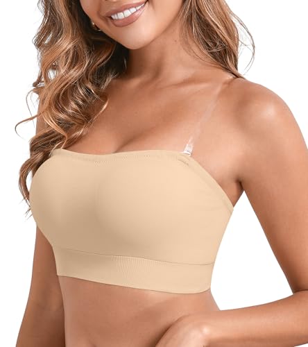 DEANGELMON Strapless Bras for Women Comfort Non-Slip Seamless Padded Bralette Clear Straps Wireless Tube Top Bra, Nude, Medium