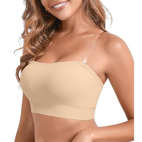 DEANGELMON Strapless Bras for Women Wireless Push Up Non-Slip Bandeau Bra Seamless Clear Straps TubeTop Padded Bralette Nude Small