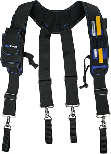 Image of MELOTOUGH Tool Belt Suspenders Construction Work Belt Suspenders with detachable phone holder comfortable foam shoulder padder (Blue)