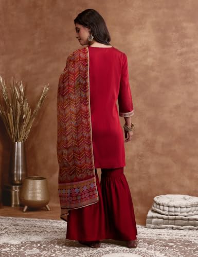 Image of Amazon Brand - Myx Women's Straight Kurta Set with Sharara Pant | Printed Dupatta | Sharara Suit Set with Dupatta (Available in Plus Sizes)