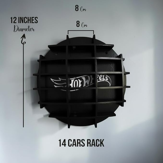 Image of Diecast Car Display Shelf with Custom Name Print | 14-16 Slot Wall Mounted MDF Wooden Rack for 1:64 Scale Cars | Circular Toy Car Organizer & Kids Room Garage Decor (Black)