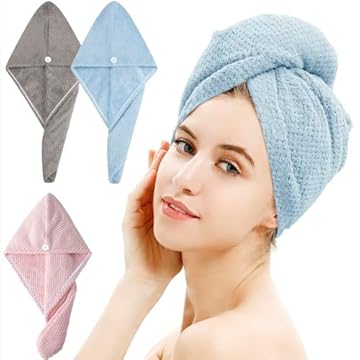 BellaCasa Essentials Asciugamani per capelli in microfibra, confezione da 3 turbanti anti-crespo, ultra assorbenti, ad asciugatura rapida per capelli bagnati, proteggono i capelli ricci, a basso