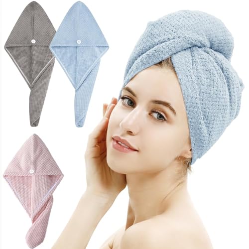 BellaCasa Essentials Asciugamani per capelli in microfibra, confezione da 3 turbanti anti-crespo, ultra assorbenti, ad asciugatura rapida per capelli bagnati, proteggono i capelli ricci, a basso