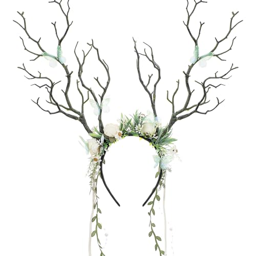 MOSTORY Woodland Fairy Branch Headband - Green Flower Antler Headpiece with Butterflies and Vines for Fairy Costume Women Floral Antlers Headband for Renaissance Renfaire Forest Cosplay