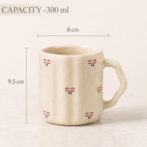 Image of The Earth Store Cream Bow Coffee Mug - 300ML Ceramic Coffee Mugs Set of 4 | Microwave & Dishwasher Safe Mugs for Gift | Home | Office | Restaurant | Daily Use