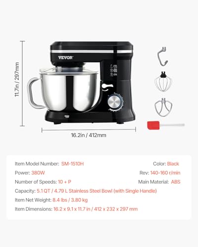 VEVOR Stand Mixer, 5QT Dough Mixer, 10+P Speeds Tilt-head Food Mixer, Kitchen Mixer with Stainless Steel Bowl, Dough Hook, Wire Whip, Beater, Scraper, Household Stand Mixer for Baking Mixing, Black - Image 7