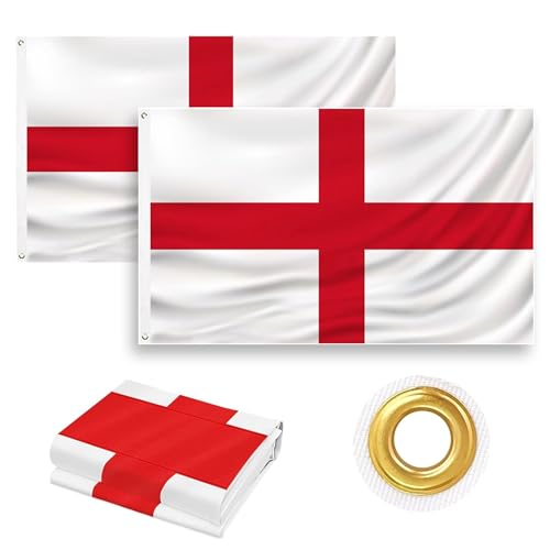 ENGLAND St George Flag 5ft x 3ft (Pack of 2) Large St Georges Cross Flags with Brass Eyelets for Football Rugby Euro World Cup 2026 Festivals Parades Parties Home Garden & Patriotic Celebrations