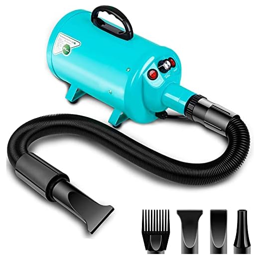amzdeal Dog Dryer 2800W/3.8HP Stepless Adjustable Speed Pet Hair Grooming Blower, Home Use/Professional Pet Hair Force Blower Blaster with Heat System, Spring Hose, Blue
