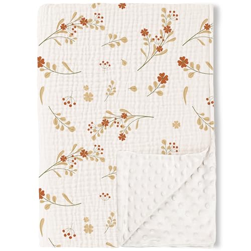 Image of Konssy Baby Blankets for Unisex Boys Girls, Super Soft Nursery Minky Blankets with Muslin Cotton Front and Dotted Fleece Backing, Printed Bed Throws Newborn